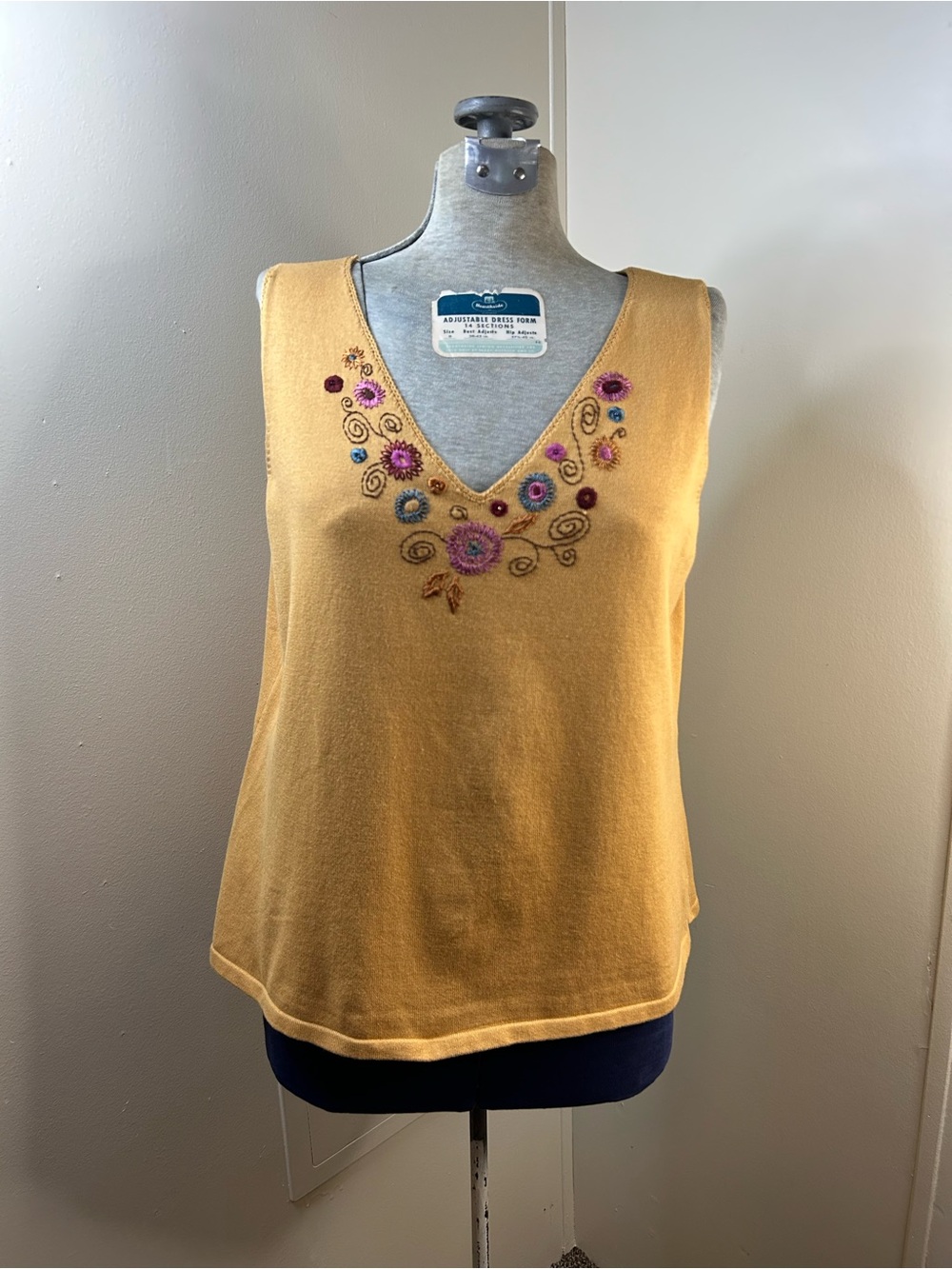 Orange Sleeveless V-Neck Shirt w/Embroidered Flowers on Neckline